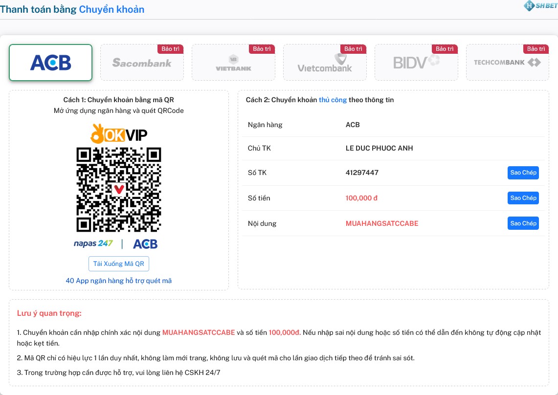 Giao diện nạp tiền thông qua hình thức chuyển khoản tại SHBET.